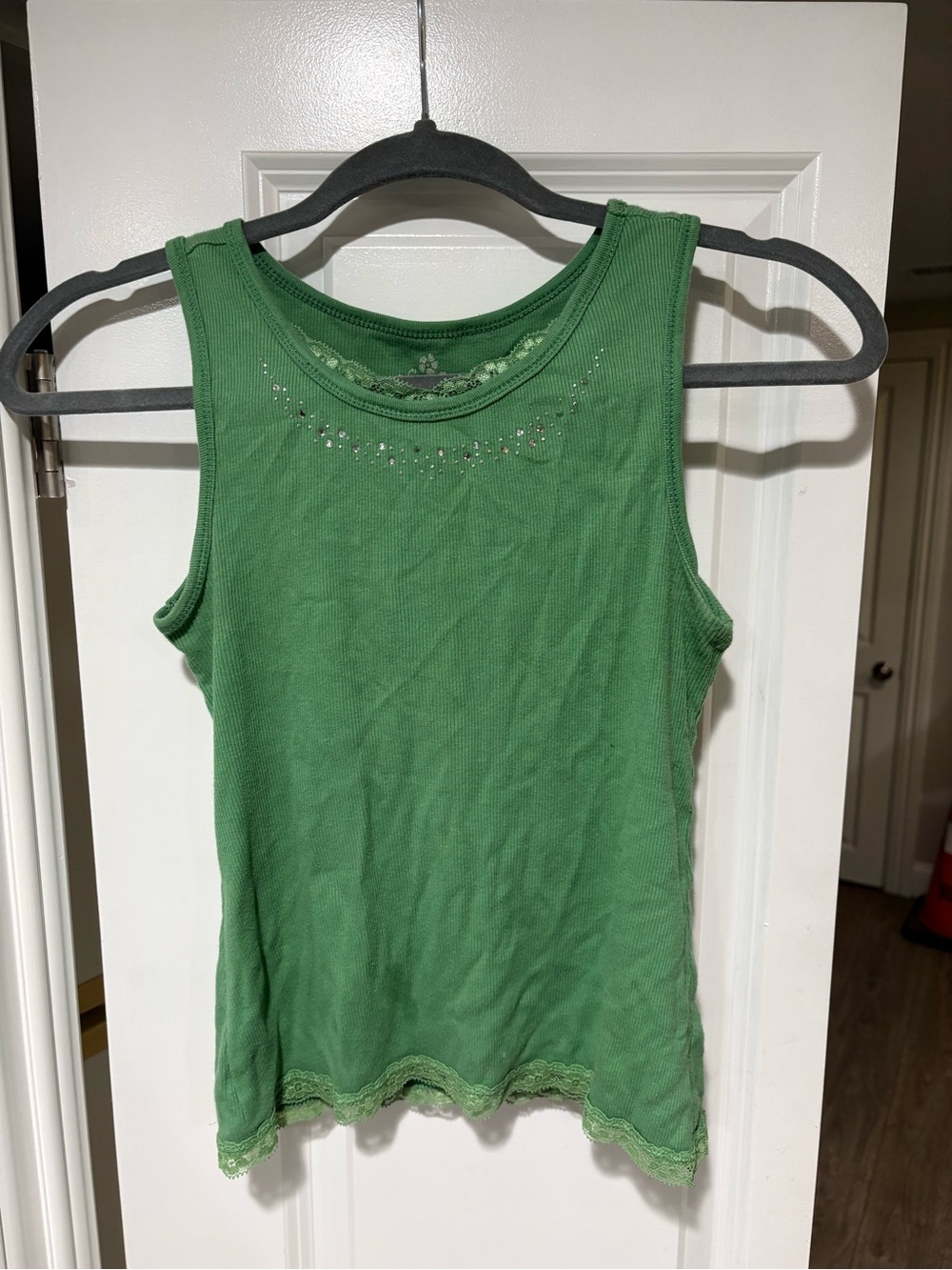 Green Lace-Trim Ribbed Tank Top - Women's